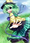  back bad_id bad_pixiv_id blush cloud eyeball grass green_eyes green_hair hat heart kaima komeiji_koishi open_mouth pantyhose ribbon skirt sky smile solo sun_hat third_eye touhou 