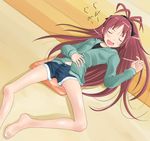  bare_legs barefoot blush bow closed_eyes drooling fang hair_bow highres hood hoodie long_hair lying mahou_shoujo_madoka_magica navel on_back open_mouth red_hair sakura_kyouko saliva shorts shuuji_(shumi) sleeping smile solo 