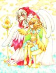  &gt;_&lt; animal animal_on_head bird bird_on_head bird_on_lap blonde_hair brown_hair chick chicken chicken_costume closed_eyes highres hisui_suzuhana multiple_girls on_head original red_eyes rooster rooster_costume smile wings yellow_eyes 