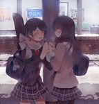  bad_id bad_pixiv_id bag bench black_hair black_legwear blazer blush breath brown_eyes brown_hair buttons coat gyoe holding_hands jacket keychain long_hair looking_at_another multiple_girls necktie open_mouth original pantyhose picture_(object) plaid plaid_skirt pocket pole scarf school_bag school_uniform short_hair shoulder_bag skirt smile snow standing trash_can winter_clothes winter_coat 