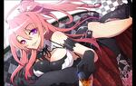  bare_shoulders black_gloves breasts cleavage dougan_calpis_con gloves ignis jingai_makyou large_breasts lying on_stomach pink_hair ponytail purple_eyes side_slit solo 