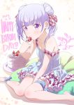  1girl 2019 ankle_ribbon barefoot between_legs blush breasts cake cleavage collarbone dated double_bun dress food fruit hair_ribbon hand_between_legs happy_birthday highres holding holding_food holding_fruit long_hair new_game! off_shoulder pink_x purple_eyes ribbon short_dress silver_hair sitting sleeveless sleeveless_dress small_breasts solo striped striped_ribbon suzukaze_aoba thigh_ribbon twintails vertical-striped_dress vertical_stripes 