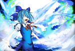  &gt;:( blue_eyes blue_hair bow cirno dress frown glowing hair_bow ice ice_wings kajiri_kamui_kagura open_mouth outstretched_arms parody ribbon solo touhou v-shaped_eyebrows wings 