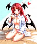  :d akagi_yuuto areola_slip areolae bare_legs blush breasts cleavage demon_tail dress_shirt head_wings heart koakuma large_breasts long_hair looking_at_viewer low_wings navel no_bra no_pants open_mouth panties pink_panties red_eyes red_hair shirt sitting skindentation smile solo tail touhou underwear wings 