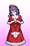  bell blush capelet christmas dress h-new hands_clasped highres leaf leaf_on_head mirror own_hands_together purple_hair red_capelet red_eyes rope santa_costume shimenawa short_hair solo touhou yasaka_kanako 