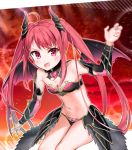  1girl :d ahoge armor armpits bangs bare_shoulders battle_girl_high_school bikini_armor blush breasts commentary_request cowboy_shot demon_girl demon_horns demon_wings detached_collar faulds gauntlets hand_up hasumi_urara heart highres horns kiyosato0928 leaning_forward long_hair looking_at_viewer navel open_mouth red_eyes red_hair sidelocks small_breasts smile solo standing stomach succubus thighs twintails v-shaped_eyebrows very_long_hair wings 