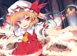 ascot bad_id bad_pixiv_id blonde_hair fangs flandre_scarlet hat highres laevatein long_hair mizukami_ryouma open_mouth red_eyes side_ponytail skirt skirt_set solo touhou wings 
