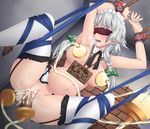  anus ao_banana ass bdsm blindfold blue_eyes blush bondage bound braid breasts dildo double_penetration garter_belt highres inflation izayoi_sakuya lactation large_breasts maid maid_headdress navel pipelining pussy short_hair silver_hair solo spread_legs thighhighs touhou translation_request twin_braids white_legwear 