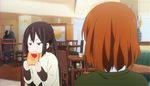  2girls brown_hair chair eating hirasawa_yui jam k-on! k-on!_movie nakano_azusa screencap table toast twintails 