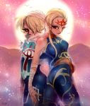  ass back-to-back bad_id bad_pixiv_id bandages bare_shoulders blonde_hair breasts eyelashes facial_mark forehead forehead_mark hair_over_one_eye impa multiple_girls nose pointy_ears red_eyes reverse_trap scarf sheik short_hair sunset surcoat the_legend_of_zelda the_legend_of_zelda:_ocarina_of_time unitard yumeshima_sui 
