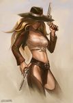  belt blonde_hair breasts chaps cleavage cowboy_hat cowgirl_miss_fortune dual_wielding front-tie_top gun hair_over_one_eye handgun hat holding large_breasts league_of_legends leo_chuang lipstick long_hair makeup midriff navel revolver sarah_fortune shirt solo tied_shirt weapon western 