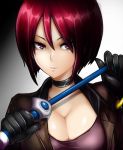  1girl black_gloves breasts choker cleavage gloves hair_between_eyes highres large_breasts long_sleeves looking_at_viewer military military_uniform okyou parted_lips purple_eyes red_hair short_hair smile solo the_king_of_fighters uniform upper_body whip whip_(kof) 