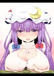  alternate_costume blush breast_hold breasts cleavage_cutout covered_nipples cum facial happy_facial hat heart heart_cutout large_breasts letterboxed long_hair looking_at_viewer paizuri paizuri_under_clothes patchouli_knowledge penis purple_eyes purple_hair rougetsu_(eclipse) smile solo_focus sweater touhou very_long_hair 