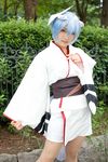  ayanami_rei blue_hair cosplay fox_mask highres iori japanese_clothes kimono mask neon_genesis_evangelion photo yukata 