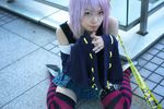  belt_as_garter caution_tape cosplay kaieda_kae photo purple_hair rosario+vampire shirayuki_mizore striped tank_top thigh-highs thighhighs 