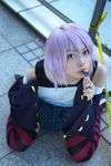  belt_as_garter candy caution_tape cosplay kaieda_kae lollipop photo purple_hair rosario+vampire shirayuki_mizore striped tank_top thigh-highs thighhighs 