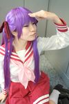  cosplay footwear hair_ribbon hair_ribbons highres hiiragi_kagami lucky_star naito photo purple_hair ribbon sailor sailor_uniform school_uniform serafuku socks twintails 