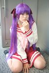  cosplay footwear hair_ribbon hair_ribbons highres hiiragi_kagami lucky_star naito photo purple_hair ribbon sailor sailor_uniform school_uniform serafuku socks twintails 