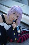  belt_as_garter candy cosplay kaieda_kae lollipop photo purple_hair rosario+vampire shirayuki_mizore striped tank_top thigh-highs thighhighs 