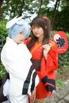  ayanami_rei blue_hair cosplay fan fox_mask highres iori japanese_clothes kimono mask neon_genesis_evangelion photo sizu soryu_asuka_langley twintails yukata 