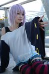  belt_as_garter cosplay kaieda_kae photo purple_hair rosario+vampire shirayuki_mizore striped tank_top thigh-highs thighhighs 