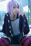  belt_as_garter cosplay kaieda_kae photo purple_hair rosario+vampire shirayuki_mizore striped tank_top thigh-highs thighhighs 