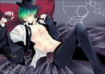  1boy arc_system_works blazblue green_hair hat hazama jacket male male_focus open_clothes open_jacket open_shirt shirt short_hair solo yellow_eyes 