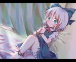  bad_id bad_pixiv_id barefoot blue_eyes blue_hair blush cirno cuffs dress handcuffs highres ice kuromame_(8gou) letterboxed ribbon short_hair solo tears touhou wings 