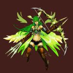  armor armpits arrow bare_shoulders belt boots bow_(weapon) braid breasts elf gloves green green_hair green_wings helm helmet legs long_hair medium_breasts midriff navel original panties pointy_ears shorts smile solo thighhighs thong underwear weapon white_eyes wings youichi 