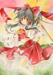  bow chinako detached_sleeves gohei hair_bow hakurei_reimu midriff navel ofuda solo touhou traditional_media watercolor_(medium) 