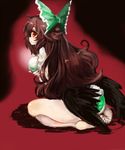  ass barefoot bow bra breast_hold breasts brown_hair feet gobou_(gbu) hair_bow leaning_forward lingerie long_hair looking_back medium_breasts panties red_eyes reiuji_utsuho see-through seiza sitting soles solo touhou underwear very_long_hair wings 