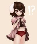  1girl animal_ears blush brown_hair bunny_ears bunny_tail buruma dress dress_lift gobou_(gbu) inaba_tewi navel red_eyes short_hair simple_background solo tail touhou 