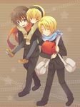  2boys bad_id bad_pixiv_id blonde_hair brown_hair carrying closed_eyes higurashi_no_naku_koro_ni houjou_satoko houjou_satoshi maebara_keiichi mini_mamu multiple_boys pantyhose purple_eyes red_eyes smile 