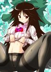  alternate_costume black_hair black_legwear black_wings breasts covered_nipples highres hips hirowa_nagi large_breasts leaning_back legs long_hair navel no_panties pantyhose parted_lips red_eyes reiuji_utsuho ribbed_sweater shirt_lift solo spread_legs squatting sweat sweater thighband_pantyhose thighs third_eye touhou translated unyu very_long_hair wide_hips wings 