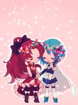  blue_hair boots bow cape chibi closed_eyes flower gloves hair_bow holding_hands mahou_shoujo_madoka_magica miki_sayaka mirihiko multiple_girls petals ponytail red_hair sakura_kyouko skirt sleeveless thighhighs wreath 