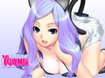  all_fours animal_ears blue_eyes breasts cat_ears cat_tail cleavage ino long_hair looking_at_viewer medium_breasts men's_young open_mouth pumps purple_hair skirt solo swimsuit tail tan tanline wallpaper 