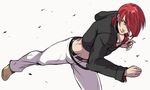  1boy kick kicking king_of_fighters male male_focus red_hair simple_background snk solo yagami_iori 