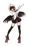  arms_up bad_id bad_pixiv_id black_hair breasts dongyi_eryi dress_shirt full_body geta head_tilt looking_away low_wings miniskirt parted_lips red_eyes ribbon shameimaru_aya shirt short_hair short_sleeves simple_background skirt small_breasts solo standing stretch tengu-geta thighhighs touhou white_background wings zettai_ryouiki 