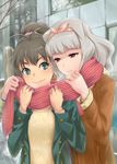  bow brown_eyes brown_hair don_michael earrings fang ganaha_hibiki green_eyes grey_hair hair_bow idolmaster idolmaster_(classic) jacket jewelry long_hair multiple_girls ponytail scarf shared_scarf shijou_takane silver_hair sweater 