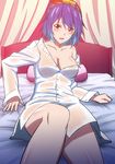  bed blush bottomless breasts cleavage collarbone dress_shirt h-new highres large_breasts leaf looking_at_viewer off_shoulder on_bed open_mouth pillow purple_hair red_eyes rope shimenawa shirt short_hair slit_pupils solo touhou yasaka_kanako 