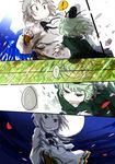  2girls comic dress full_moon green_dress green_eyes green_hair grey_eyes grey_hair handslap hat jizeru_(giselebon) long_sleeves mononobe_no_futo moon multiple_girls night night_sky open_mouth pom_pom_(clothes) ponytail short_hair sky slapping smile soga_no_tojiko tate_eboshi touhou translated 