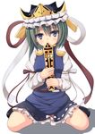  arm_ribbon blue_eyes blue_skirt blush covering_mouth green_hair hat hat_ribbon ixen-fei ribbon rod_of_remorse shiki_eiki shirt sitting skirt solo touhou wariza 