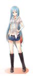  alternate_costume asymmetrical_clothes belt blouse blue_hair boots contemporary cross-laced_footwear food fruit full_body gradient_hair hand_on_hip heart highres hinanawi_tenshi jewelry long_hair midriff multicolored_hair navel necklace necktie no_hat no_headwear peach pendant red_eyes shirt short_shorts short_sleeves shorts simple_background solo touhou very_long_hair yuya_(night_lily) 