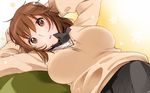  amagami arms_behind_head breasts brown_eyes brown_hair harepore kibito_high_school_uniform large_breasts long_sleeves looking_at_viewer lying on_back sakurai_rihoko school_uniform short_hair solo sweater 