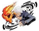  choker_(pixiv) clenched_hand cross fingerless_gloves fire gloves grey_eyes jacket k' leather leather_jacket male_focus muscle pyrokinesis smile solo the_king_of_fighters white_hair 