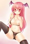  bespectacled black_panties blush bow bow_panties bra breasts cameltoe glasses head_wings koakuma large_breasts lingerie long_hair looking_at_viewer navel nikoo nipples open_mouth panties pink_hair red_eyes solo thighhighs touhou underwear underwear_only 