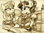  anthrofied big_breasts breasts cleavage clothed clothing couple cup dress equine female friendship_is_magic horn king-cheetah mammal monochrome mug my_little_pony sepia trixie_(mlp) twilight_sparkle_(mlp) unicorn 