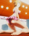  1girl ass bare_shoulders barefoot bikini blush breasts brown_hair cameltoe covered_nipples erect_nipples feet female frilled_bikini frills from_below highres indoors kneeling kushiya_inaho lamp legs looking_at_viewer looking_back maken-ki maken-ki! midriff open_mouth pink_bikini red_eyes shiny shiny_skin short_hair sideboob soles solo stitched swimsuit thighs toes wet 