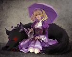  blonde_hair cistron dog dress hairband highres light_smile lolita_hairband looking_at_viewer parasol purple_dress seiza sheri sitting skull solo umbrella unlight yellow_eyes 