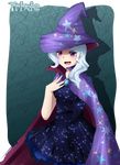  breasts cape character_name dress hand_on_own_chest hat medium_breasts my_little_pony my_little_pony_friendship_is_magic personification purple_eyes silver_hair solo star star_(sky) star_print starry_sky_print tomony trixie_lulamoon wizard_hat 